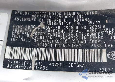 2012 Toyota Camry Xle из США, поврежденный, VIN 4T4BF1FK3CR221662